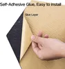 A hand peeling back the protective paper from a self-adhesive acoustic panel. Produktbild-Vorschau