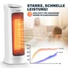 A white ceramic heater is shown in the foreground, with a graph illustrating temperature over time in the lower right. In the background, two people are blurred, suggesting a cozy home environment. Produktbild-Vorschau