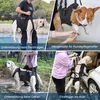 A collage of four images showing a dog mobility harness being used in different scenarios: being carried, being groomed, walking on stairs, and getting into a car. Produktbild-Vorschau