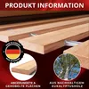 Close-up of wooden slats with product information overlays and badges. Produktbild-Vorschau