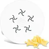 A white disc with five star-shaped cutouts and a pasta-making attachment with pasta. Several pieces of fusilli pasta are visible in the foreground. Podgląd zdjęcia produktu