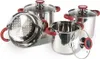A set of stainless steel pots with red handles and lids, arranged on a white background. Produktbild-Vorschau