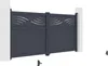 A dark gray aluminum double gate is shown against a white background, supported by two white pillars. The gate has a decorative pattern of curved lines at the top. Produktbild-Vorschau