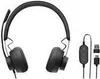 A black Logitech headset with a microphone boom and attached cables with USB and USB-C connectors, presented on a white background. Anteprima dell’immagine prodotto