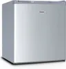 A small, freestanding silver refrigerator with a gray top is shown from a slightly diagonal front angle against a white background. Produktbild-Vorschau