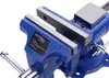Close-up view of a blue metal vise with a label. Podgląd zdjęcia produktu