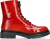 A single red patent leather boot with black laces and a black sole, shown from the side against a white background. Produktbild-Vorschau