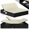 A collage of two images showing a black rattan double sun lounger with cream cushions. The top image shows the lounger in its assembled state with a small side table holding a cup of coffee. The bottom image shows the lounger with its backrests and leg res Produktbild-Vorschau