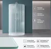 A semi-circular shower enclosure with water droplets on the glass, presented with feature callouts. Produktbild-Vorschau