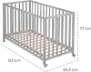 A grey wooden crib with a wooden slatted base, shown with dimensions indicated by dashed lines and text. Produktbild-Vorschau