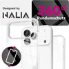 A clear phone case is shown with marketing text and graphics overlayed. Produktbild-Vorschau