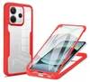 A red and transparent phone case is shown, with one case assembled and another disassembled to show how it protects a phone. Produktbild-Vorschau