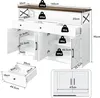 A diagram showing the dimensions and weight capacity of a white and brown sideboard. Produktbild-Vorschau