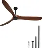 A ceiling fan with wooden blades and a black motor housing, along with accessories like a remote control and downrods, is displayed against a white background. Voir les images du produit