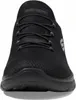 A close-up front view of a black Skechers shoe. Voir les images du produit