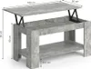A diagram of a lift-top coffee table with dimensions. Voir les images du produit