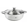 A stainless steel pot with a glass lid, shown from the front on a white background. Produktbild-Vorschau