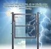 A metal garden gate is shown against a split background depicting sunny weather on the left and a thunderstorm on the right, with text overlay. Produktbild-Vorschau