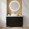 A modern bathroom vanity with a black matte finish, a white vessel sink, and a round illuminated mirror. Produktbild-Vorschau