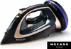 A black and gold cordless steam iron with a blue light accent on a white background. Produktbild-Vorschau