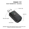 A diagram of a Bluetooth audio transmitter/receiver adapter with labels pointing to its various parts. Produktbild-Vorschau
