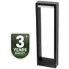 A black, modern outdoor bollard light with a white LED strip at the top, shown next to a warranty badge. Anteprima dell’immagine prodotto