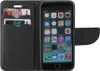 A black flip case wallet for a smartphone, open to reveal card slots and the smartphone screen. Produktbild-Vorschau