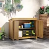 An outdoor storage cabinet filled with tools and storage boxes, placed on a patio next to plants. Produktbild-Vorschau