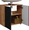 A bathroom vanity cabinet with a sink on top. The cabinet has two doors, one open, revealing shelves and storage items. Produktbild-Vorschau