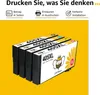 A group of ink cartridges on a yellow background with text overlays. Produktbild-Vorschau