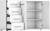 A white dresser with four drawers on the left and an open cabinet with three shelves on the right. Produktbild-Vorschau