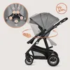 A gray baby stroller is shown with an inset diagram highlighting its harness system and a circular arrow indicating rotation. A small icon with a person and "6M+" is also visible. Produktbild-Vorschau