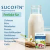 A product advertisement for SUCOFIN Magermilchpulver, featuring a bottle and glass of milk, along with a product package and descriptive text. Produktbild-Vorschau
