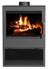A modern black wood-burning stove with a fire burning inside. Náhled obrázku produktu