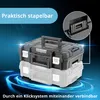 Two stackable toolboxes are shown, with the top one in focus and the bottom one faded. Blue light swirls around the base of the boxes. Produktbild-Vorschau