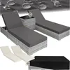 A set of rattan sun loungers with cushions, a side table, and a protective cover, presented in a collage format with a background suggesting water resistance. Náhled obrázku produktu