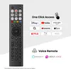 A remote control is shown next to a graphic illustrating one-click access to various streaming services and a voice remote feature. Voir les images du produit