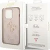 The image shows the packaging of a Guess iPhone case. The front of the packaging is open, revealing the pink case with the Guess logo and pattern inside. The right side of the packaging displays product features and branding. Náhled obrázku produktu