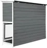 A grey wooden rabbit hutch with a white frame and mesh enclosure. Voir les images du produit