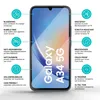 A smartphone screen protector is shown with various features highlighted by text and icons. Produktbild-Vorschau