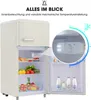 A retro-style refrigerator with its door open, showcasing its interior and contents. A close-up inset highlights the temperature control and LED lighting. Produktbild-Vorschau