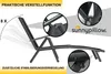 A black reclining lounge chair is shown with close-up details of its adjustable features and a brand logo. Produktbild-Vorschau