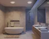 A modern, luxurious bathroom with a freestanding bathtub, a vanity with two sinks, and a walk-in shower. Produktbild-Vorschau