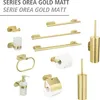A collection of gold-colored bathroom accessories, including towel bars, a toilet paper holder, a soap dispenser, a toothbrush holder, and a toilet brush holder. Produktbild-Vorschau