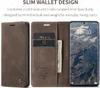A collage of images showing a brown leather flip phone case with card slots and a phone inside. Produktbild-Vorschau