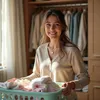 A woman is holding a laundry basket filled with clothes in front of a closet. Produktbild-Vorschau