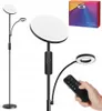 A collage of images showing a floor lamp with two heads, a remote control, and its packaging. Podgląd zdjęcia produktu