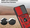 A red and black phone case with a slider for camera protection is shown in a desert-like environment. Insets show close-ups of the slider mechanism. Produktbild-Vorschau