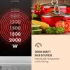 A split image showing a cooking surface with power levels on the left and kitchenware and vegetables on the right, with feature text below. Produktbild-Vorschau
