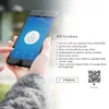 A person is holding a smartphone displaying an app interface, with text listing app functions and a QR code. Produktbild-Vorschau